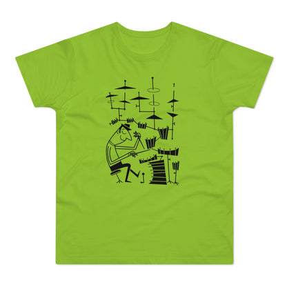 Black illustration of a drummer on a lime green t-shirt.