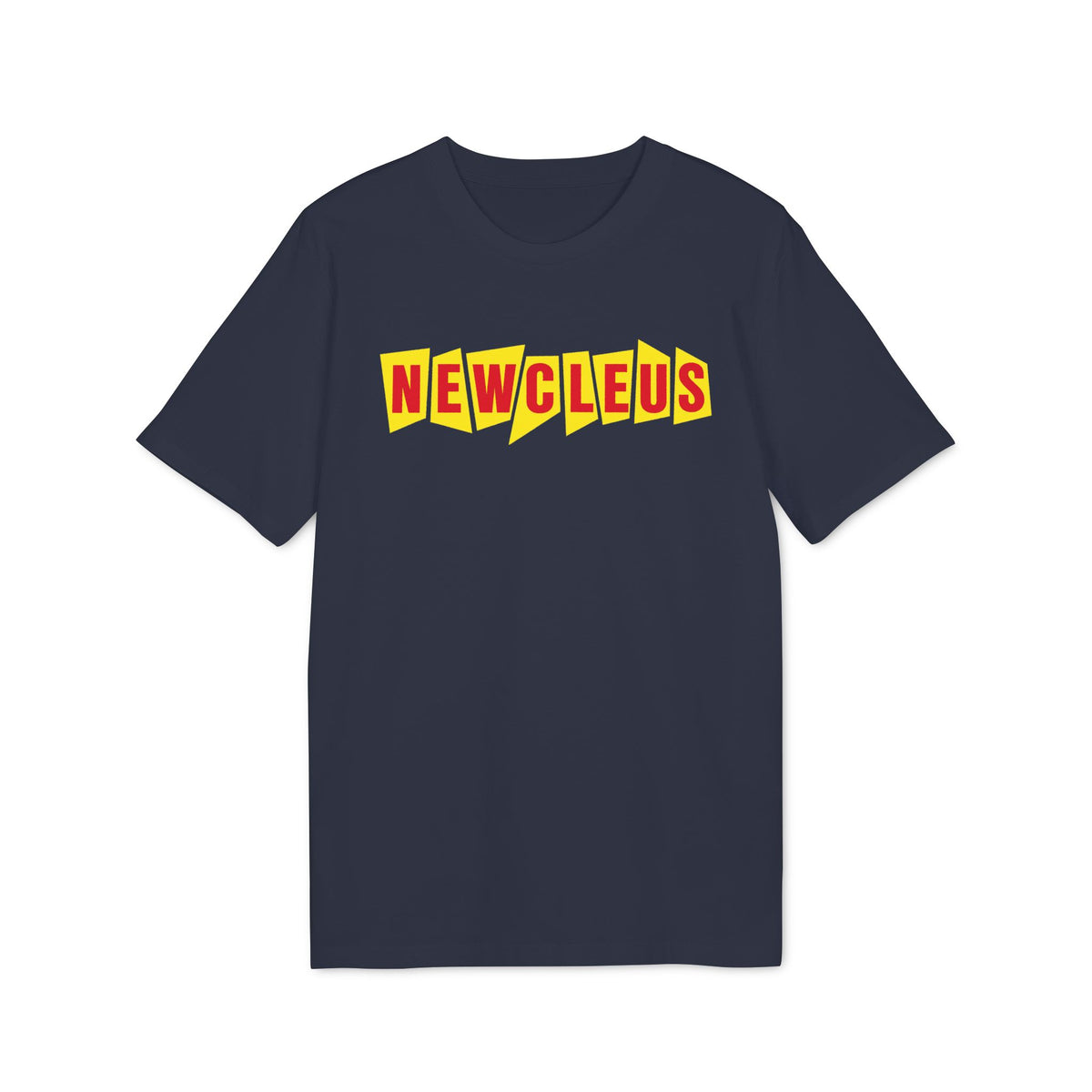 Navy t-shirt with yellow and red "NEWCLEUS" text graphic.