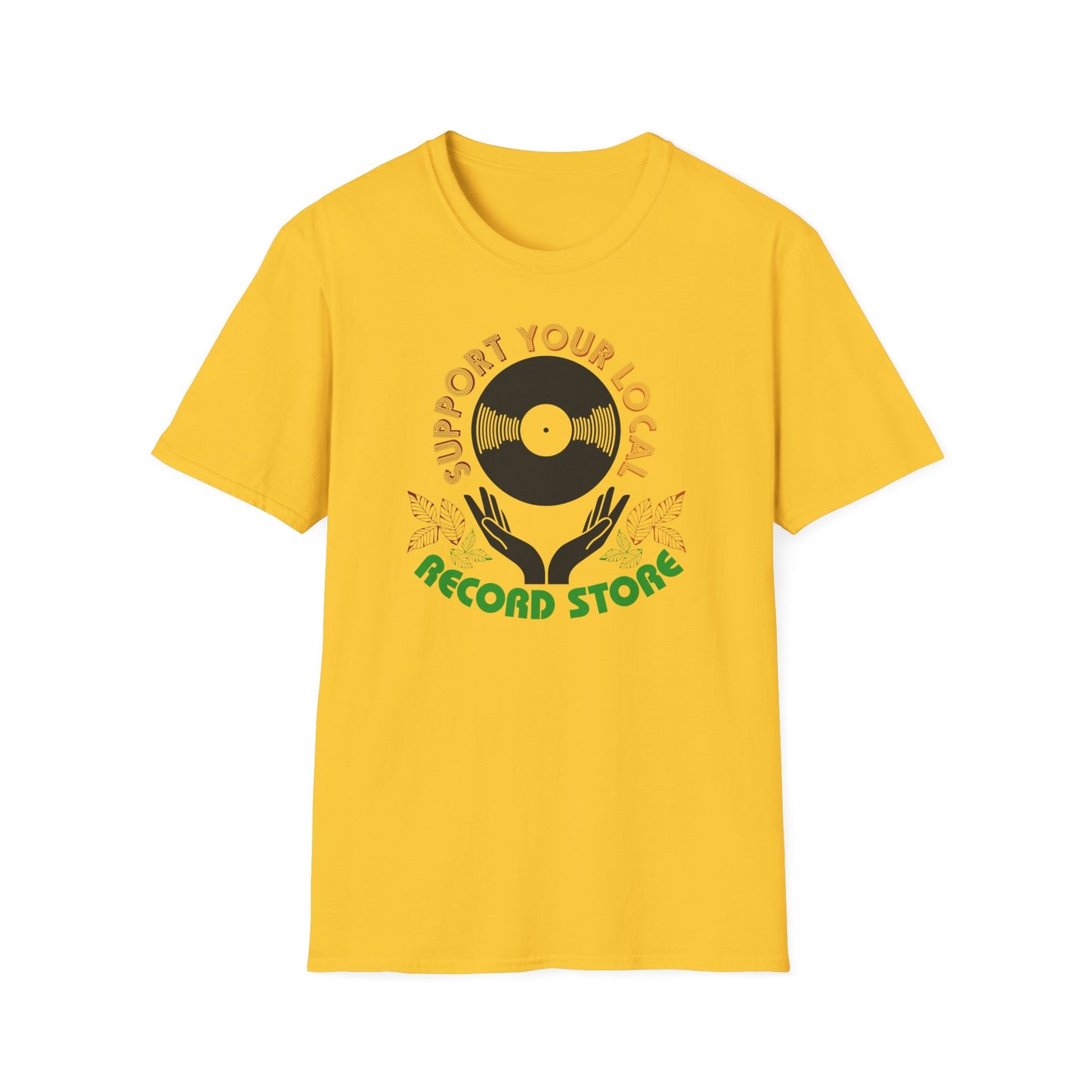 Yellow t-shirt with record store graphic and text.