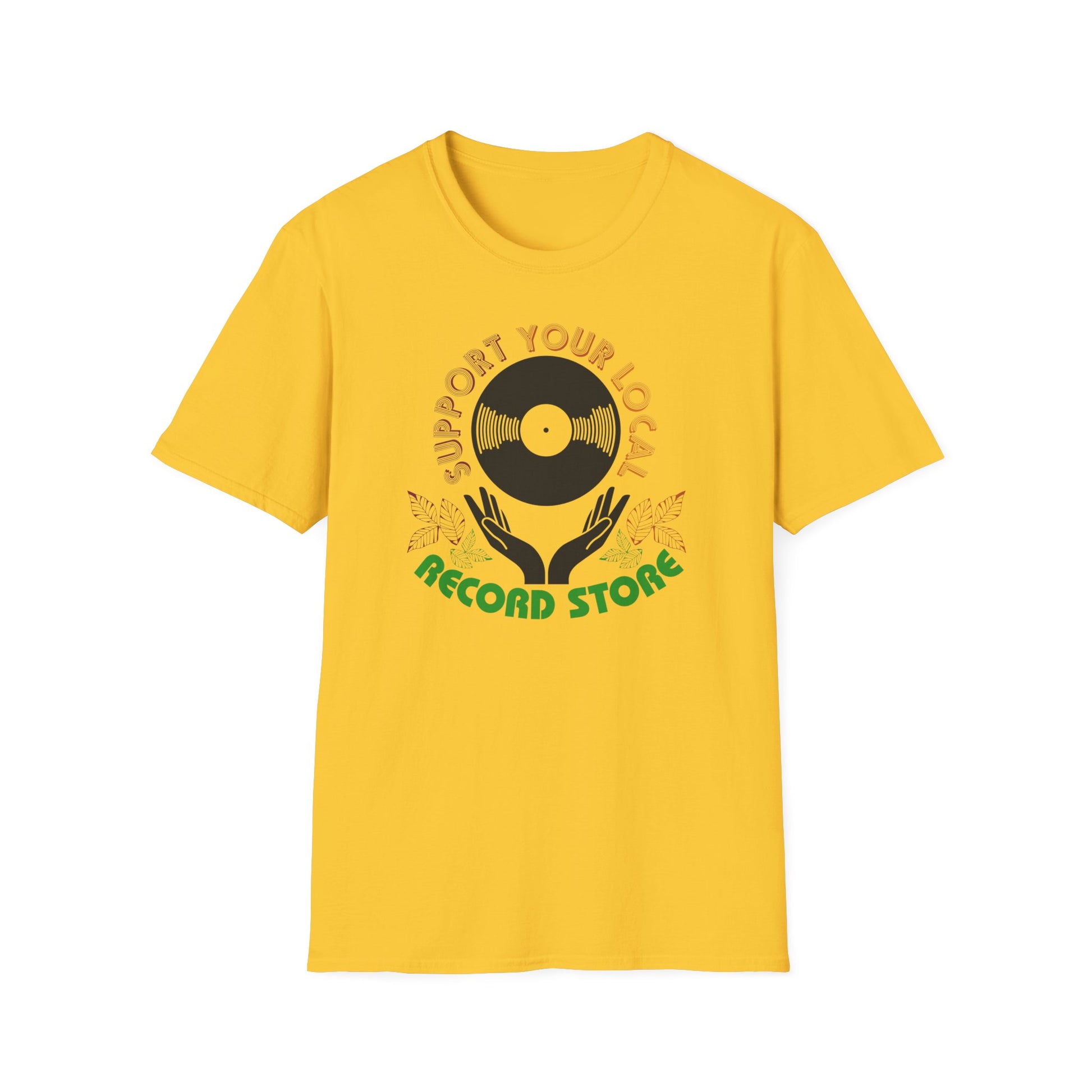 Yellow t-shirt with record store graphic and text.