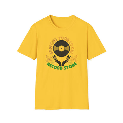 Yellow t-shirt with record store graphic and text.