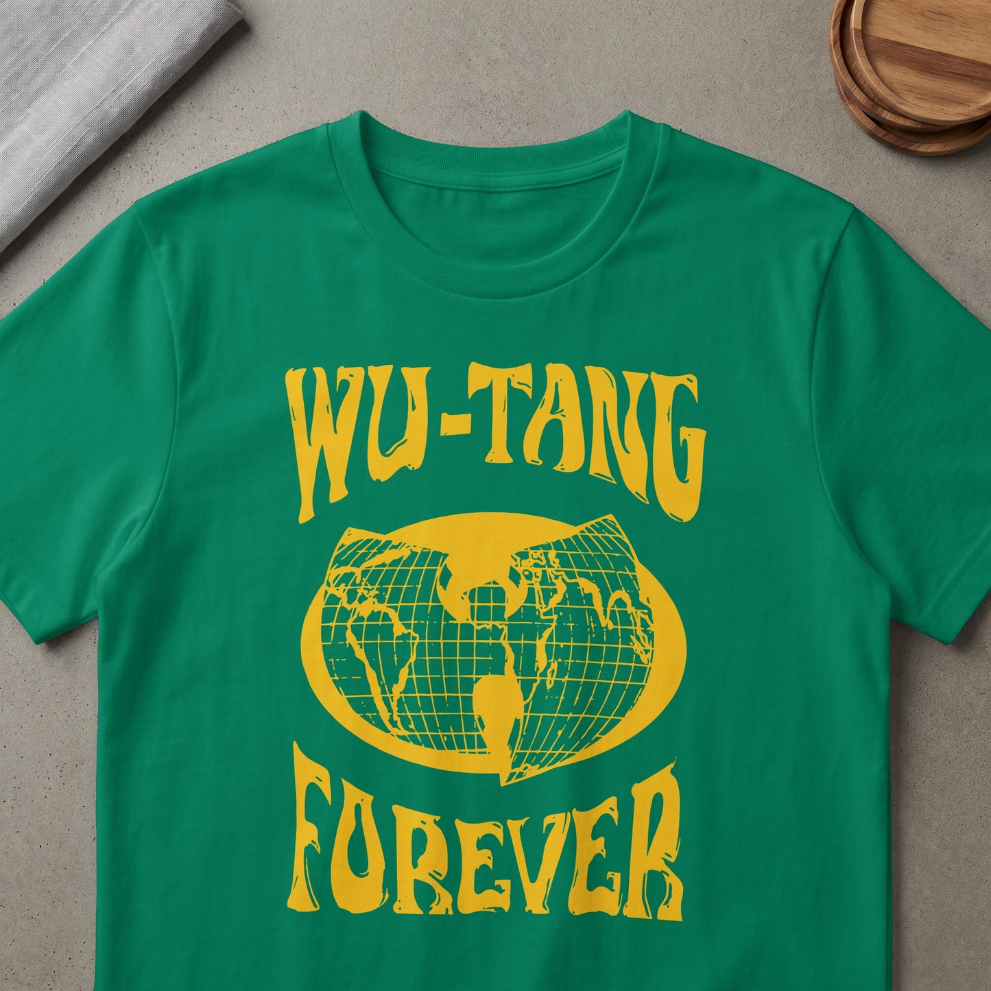 Green t-shirt with yellow "Wu-Tang Forever" text and a globe graphic.