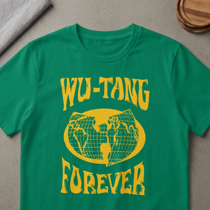 Green t-shirt with yellow "Wu-Tang Forever" text and a globe graphic.