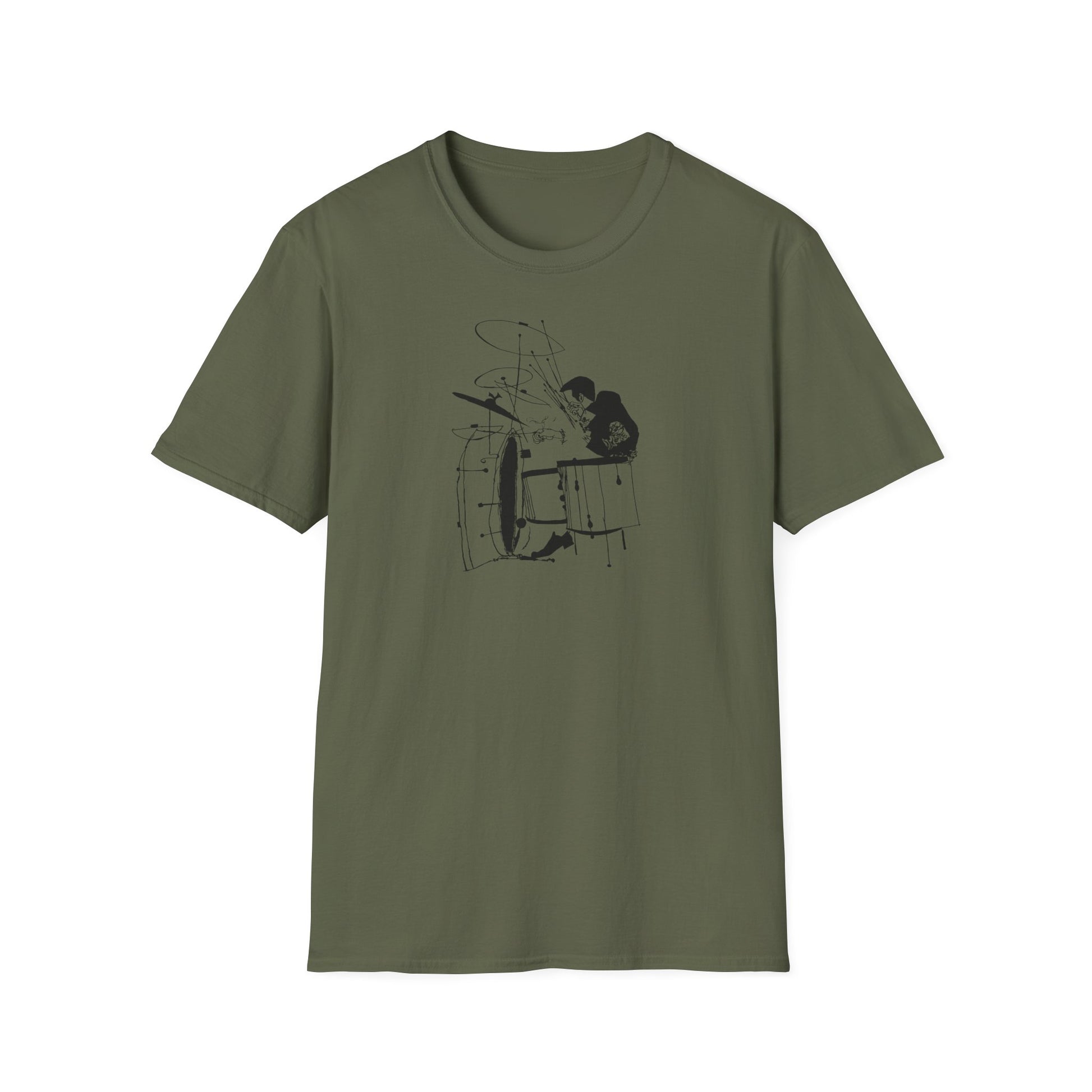 Green t-shirt with a black graphic of a drummer playing a drum set.