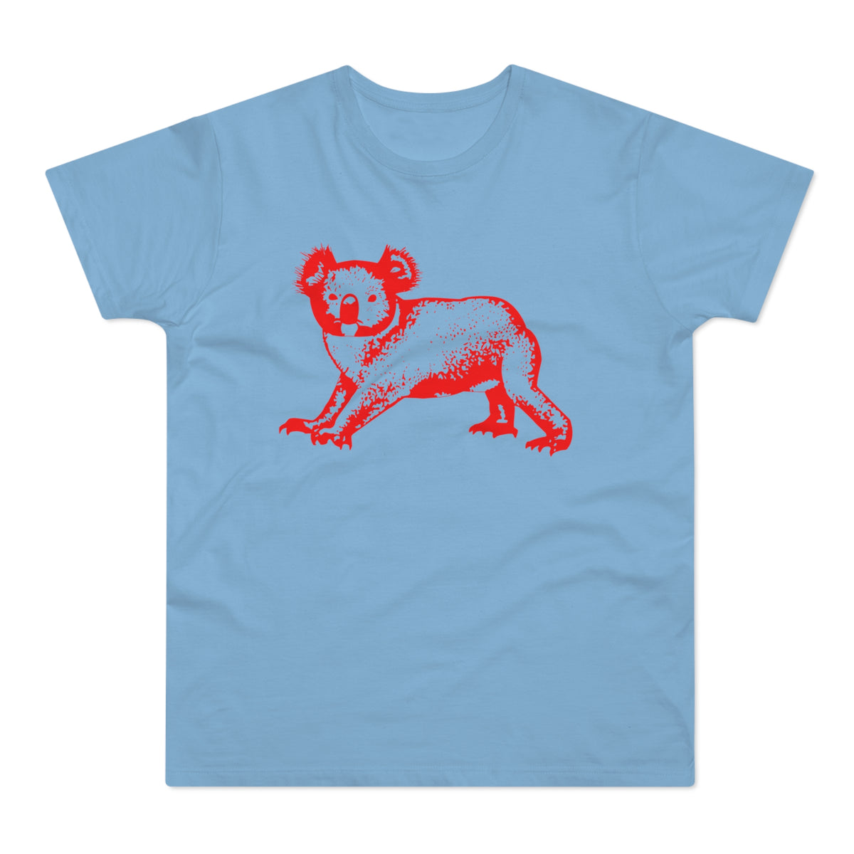 Light blue t-shirt with a red distressed graphic of a koala.