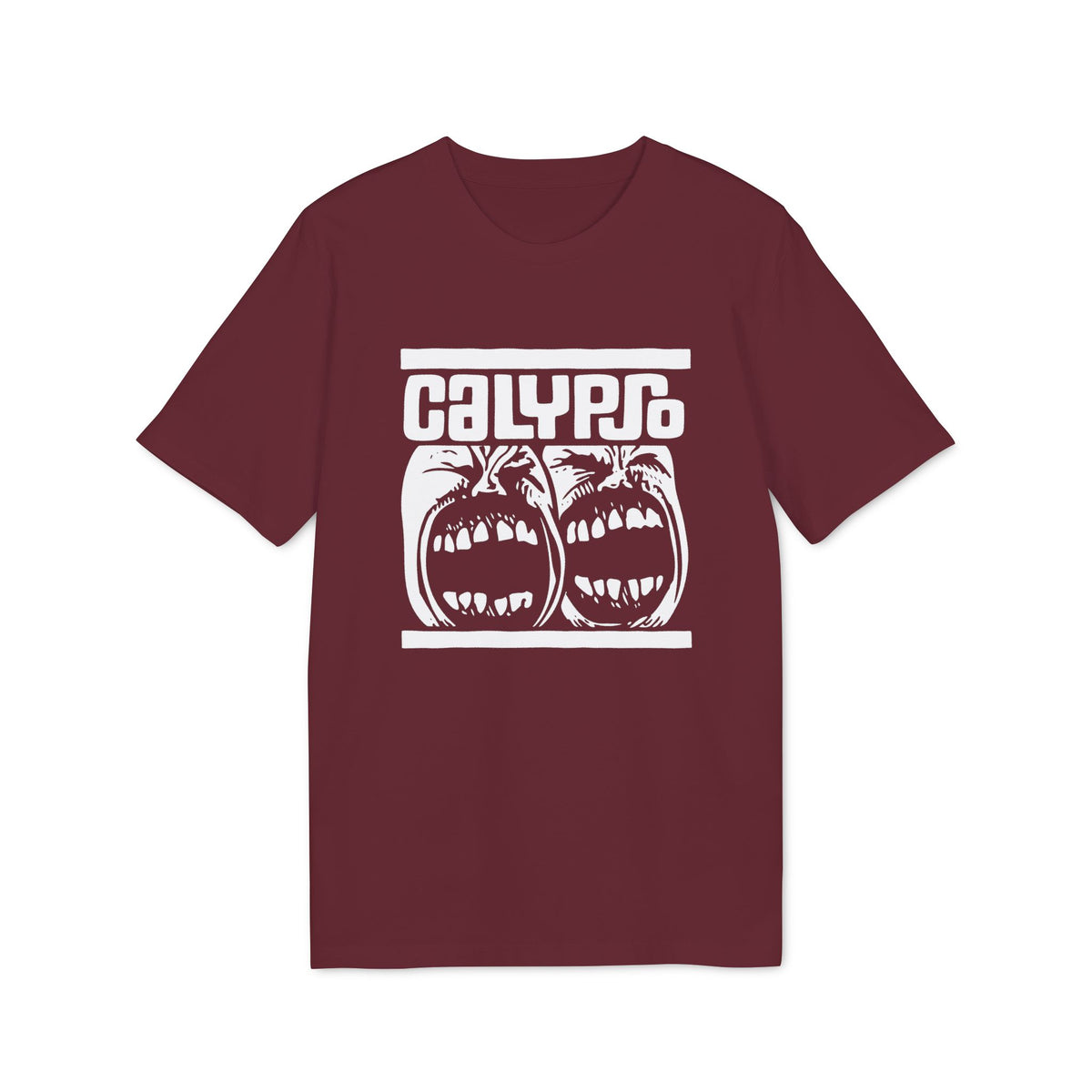 Maroon t-shirt with white "CALYPSO" text and two screaming faces.