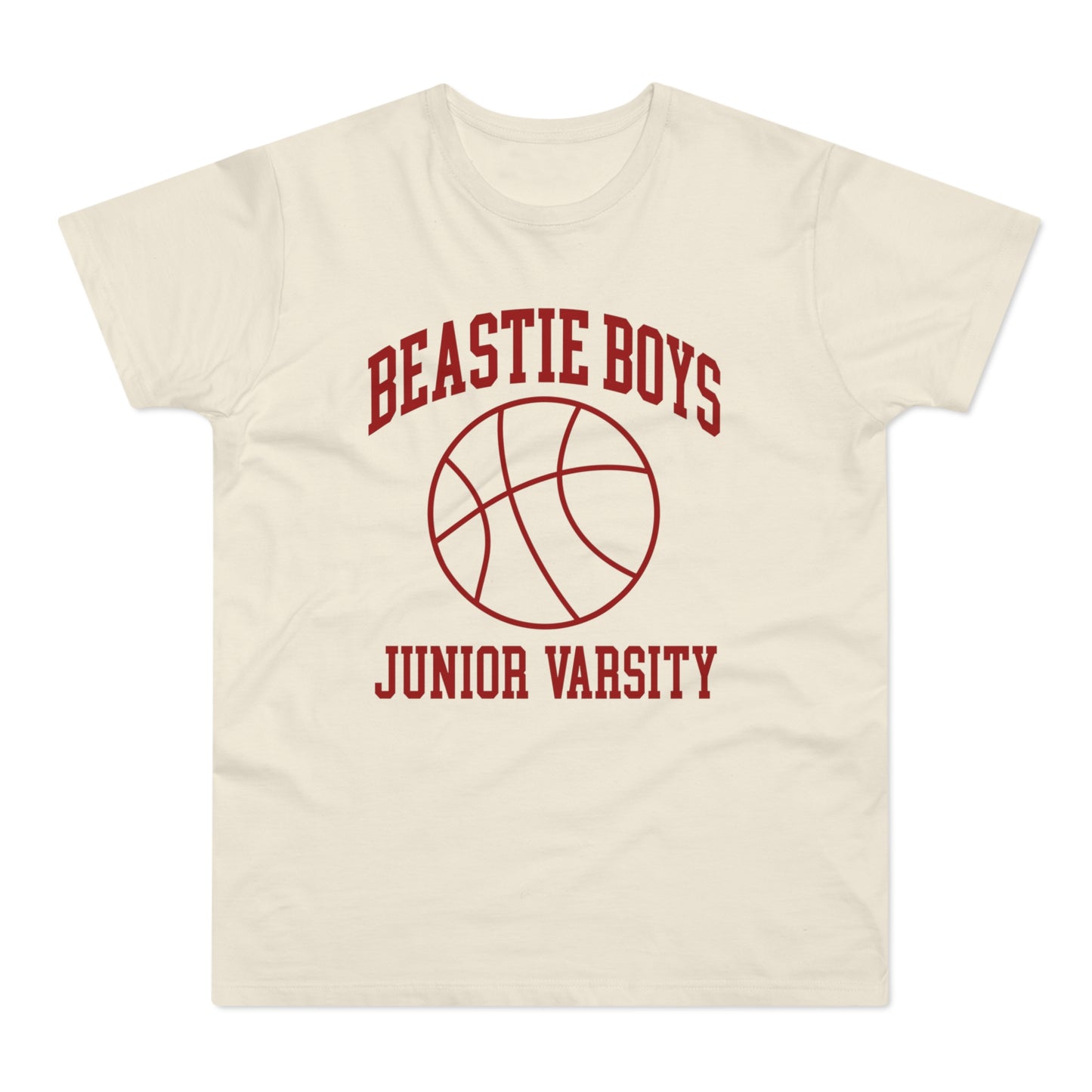 Cream t-shirt with "Beastie Boys Junior Varsity" and basketball graphic.