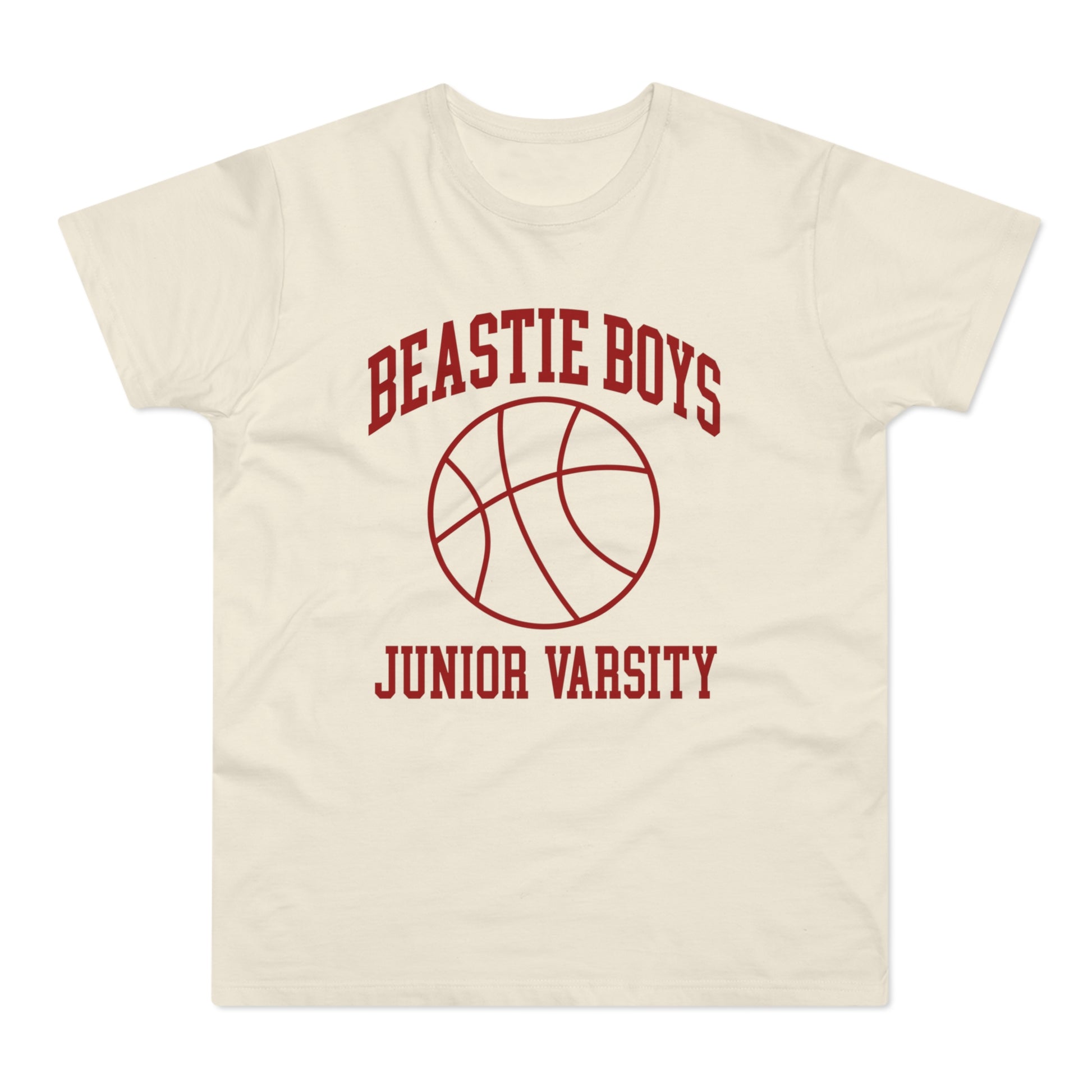 Cream t-shirt with "Beastie Boys Junior Varsity" and basketball graphic.