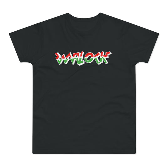 Black t-shirt with the text "WARLOCK" in red, white, and green graffiti-style lettering.