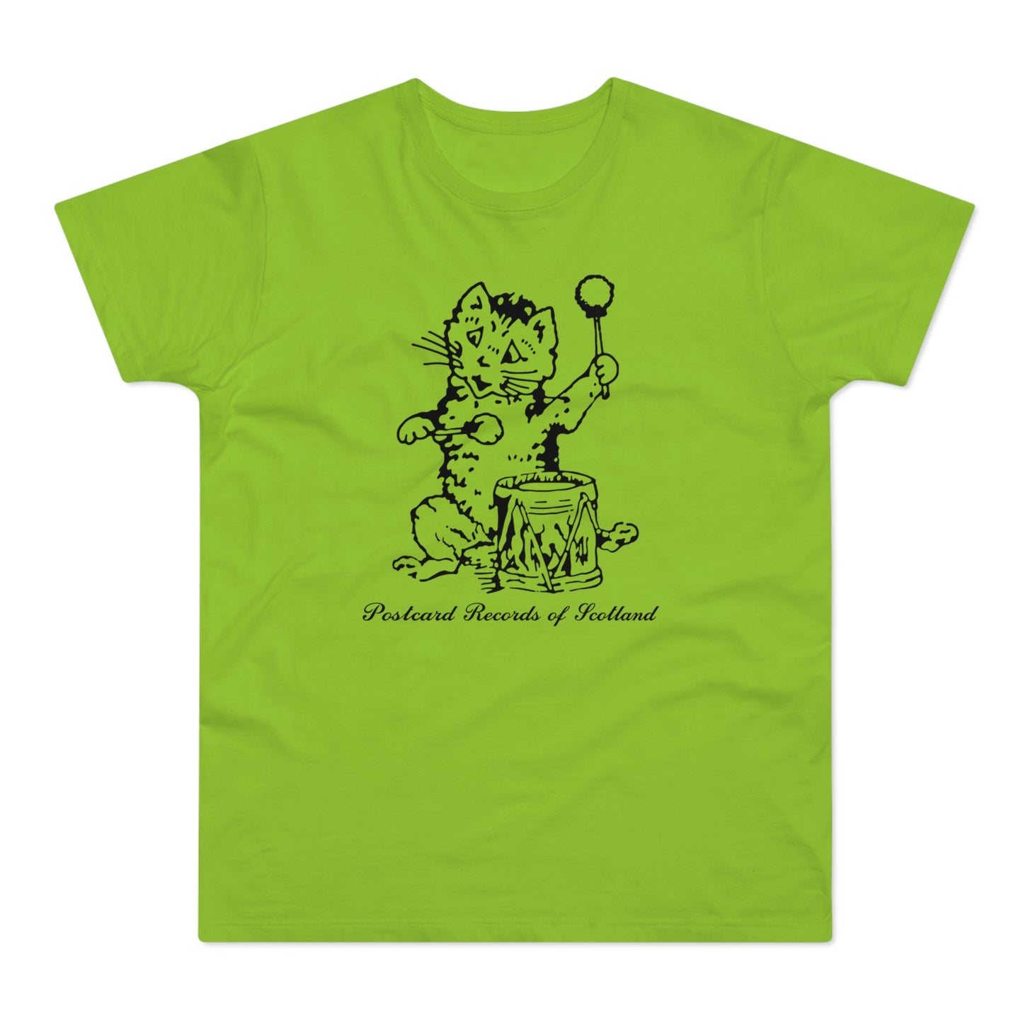 Black cat playing a drum with text "Postcard Records of Scotland" on green shirt.