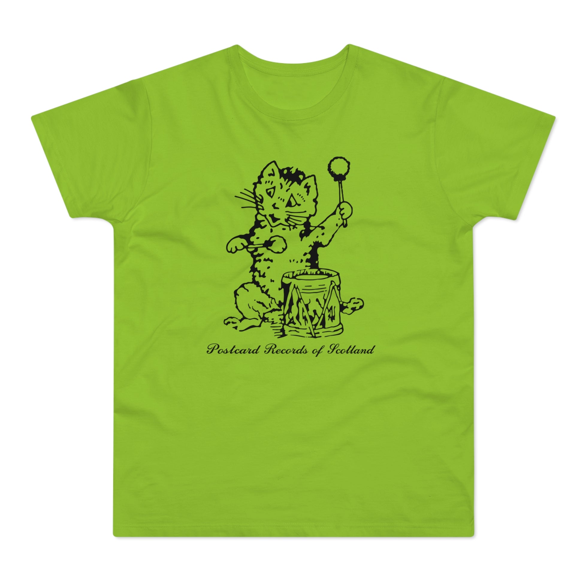 Black cat playing a drum with text "Postcard Records of Scotland" on green shirt.