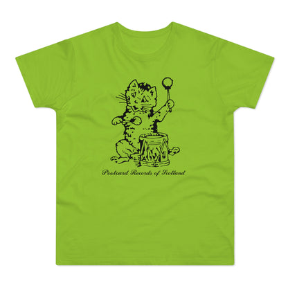 Black cat playing a drum with text "Postcard Records of Scotland" on green shirt.