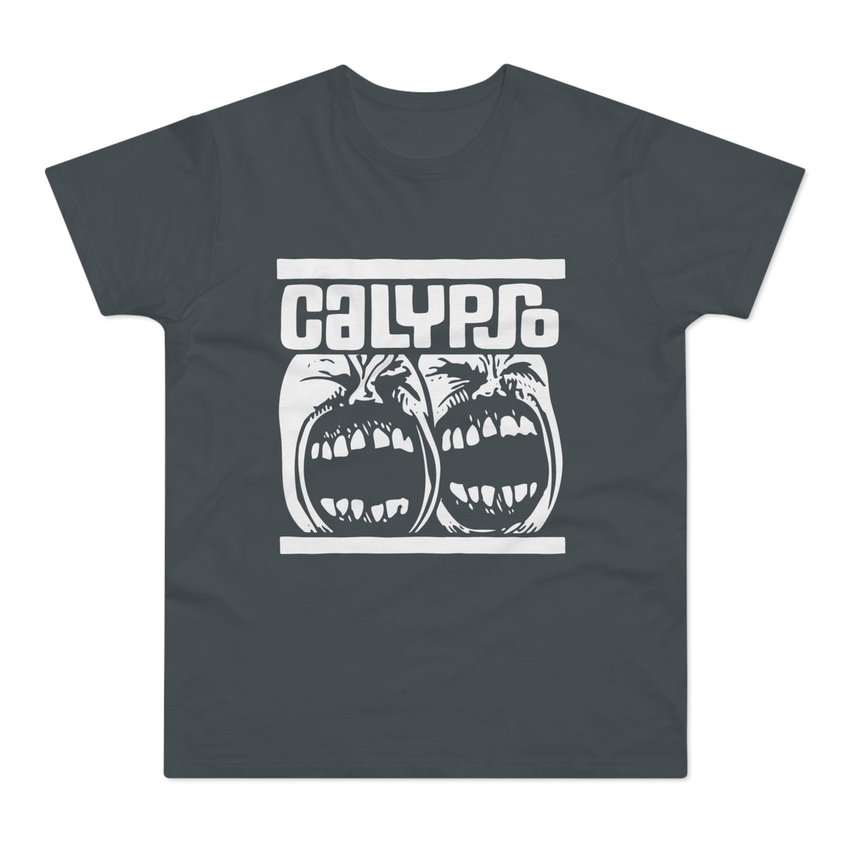 Dark grey t-shirt with white "CALYPSO" text and two screaming faces graphic.