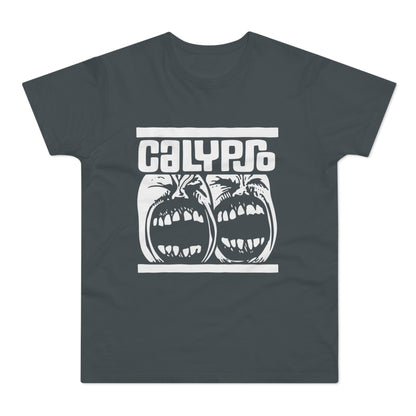 Dark grey t-shirt with white "CALYPSO" text and two screaming faces graphic.