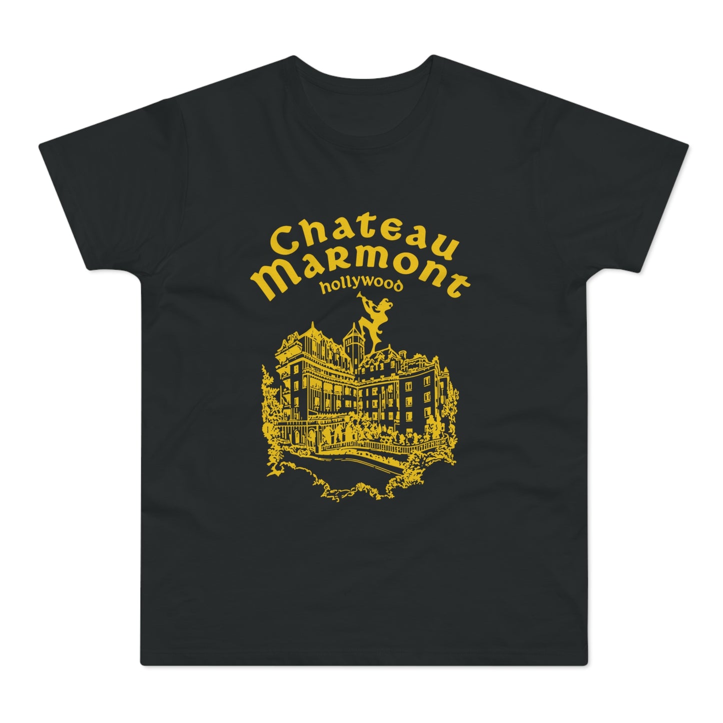Black t-shirt with yellow Chateau Marmont Hollywood print.