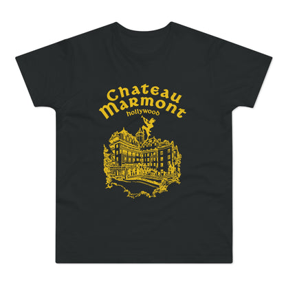Black t-shirt with yellow Chateau Marmont Hollywood print.