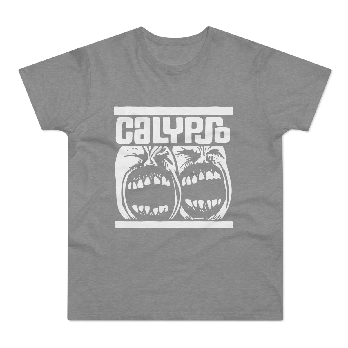 Grey t-shirt with white text "CALYPSO" and two screaming faces.