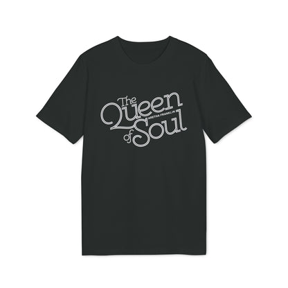 Black t-shirt with white text reading "The Queen of Soul" and "Aretha Franklin".