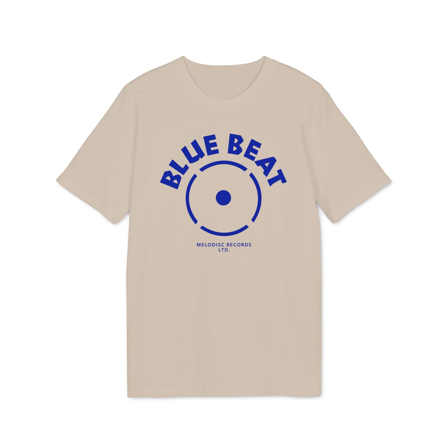 Beige t-shirt with blue "BLUE BEAT" text and circular record label design.