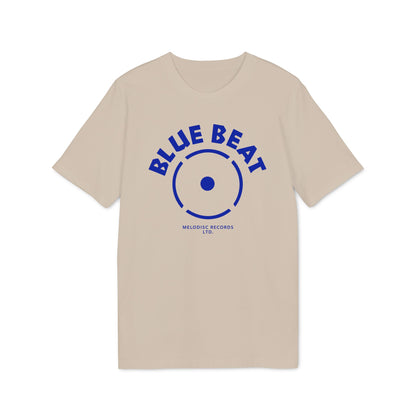 Beige t-shirt with blue "BLUE BEAT" text and circular record label design.