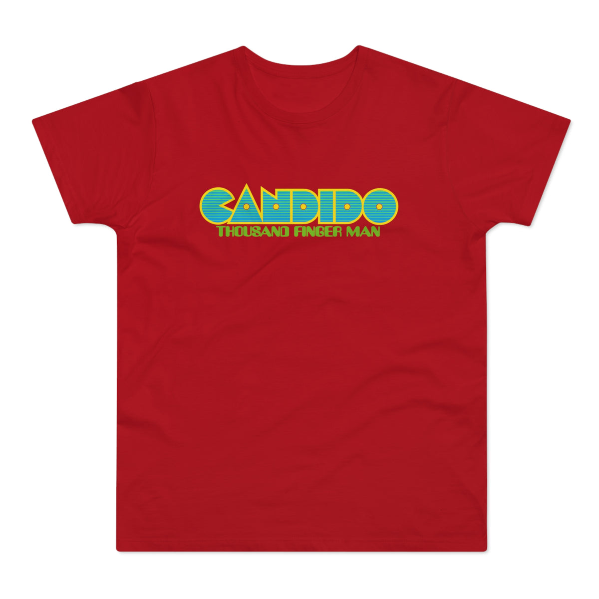 Red t-shirt with blue and yellow "CANDIDO THOUSAND FINGER MAN" text.