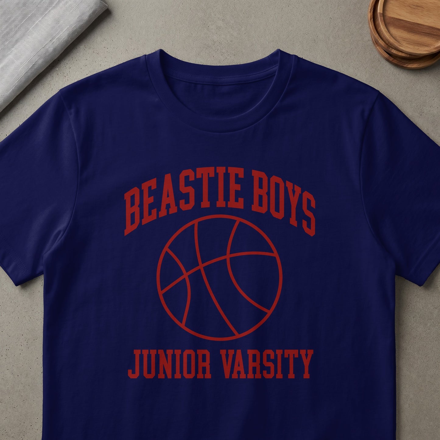 Navy t-shirt with "BEASTIE BOYS JUNIOR VARSITY" and a basketball graphic.