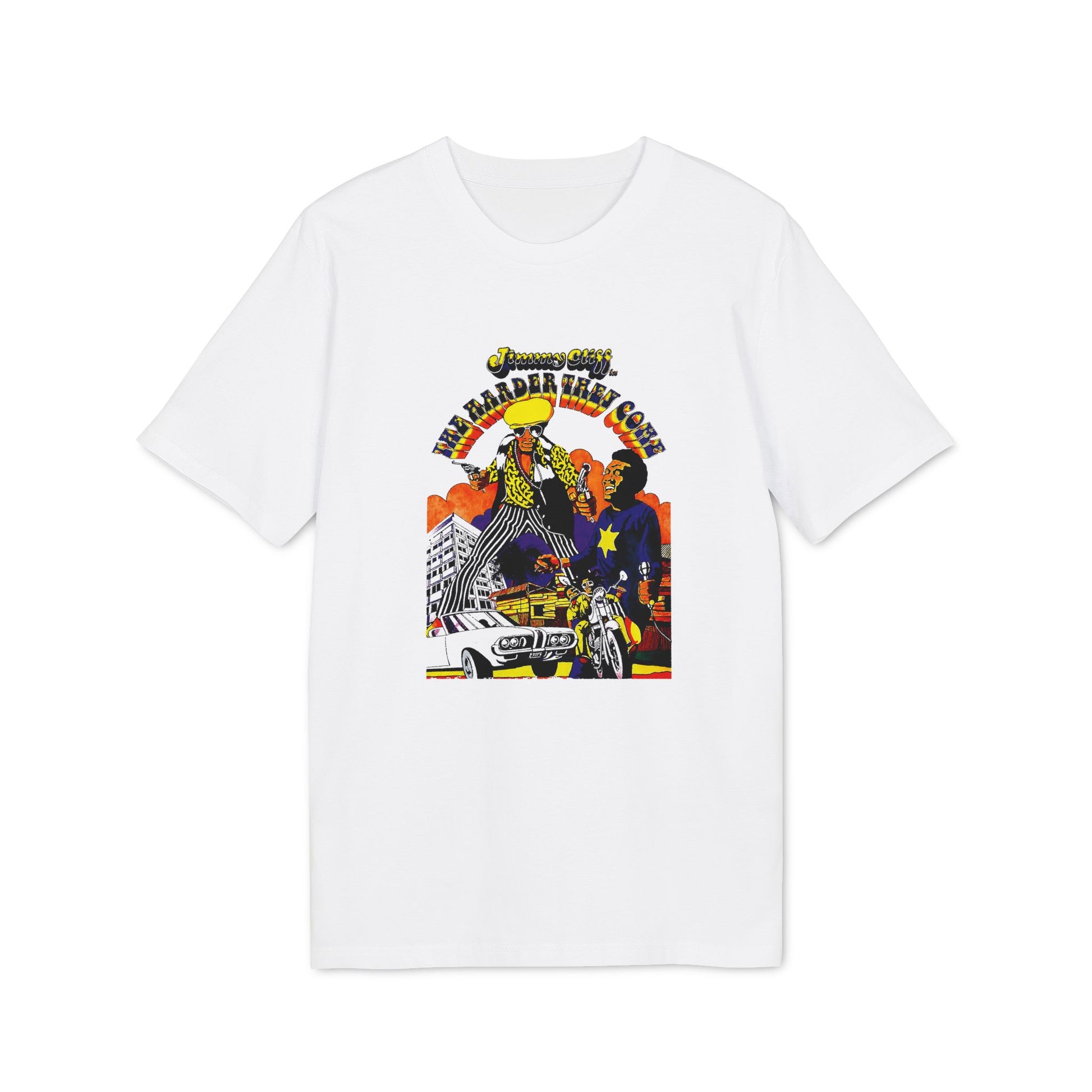 White t-shirt with Jimmy Cliff's "The Harder They Come" album graphic.