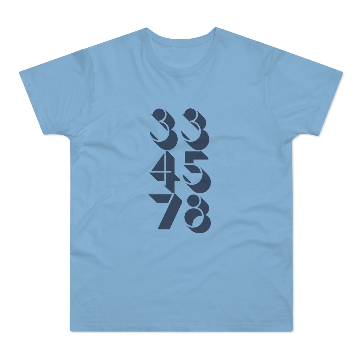 Light blue t-shirt with dark blue abstract numbers 33, 45, 78 design.