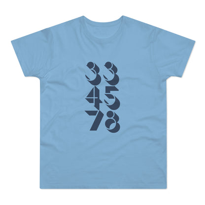 Light blue t-shirt with dark blue abstract numbers 33, 45, 78 design.