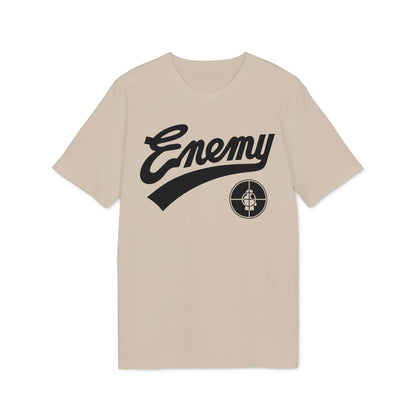 Tan t-shirt with black "Enemy" script and target logo.