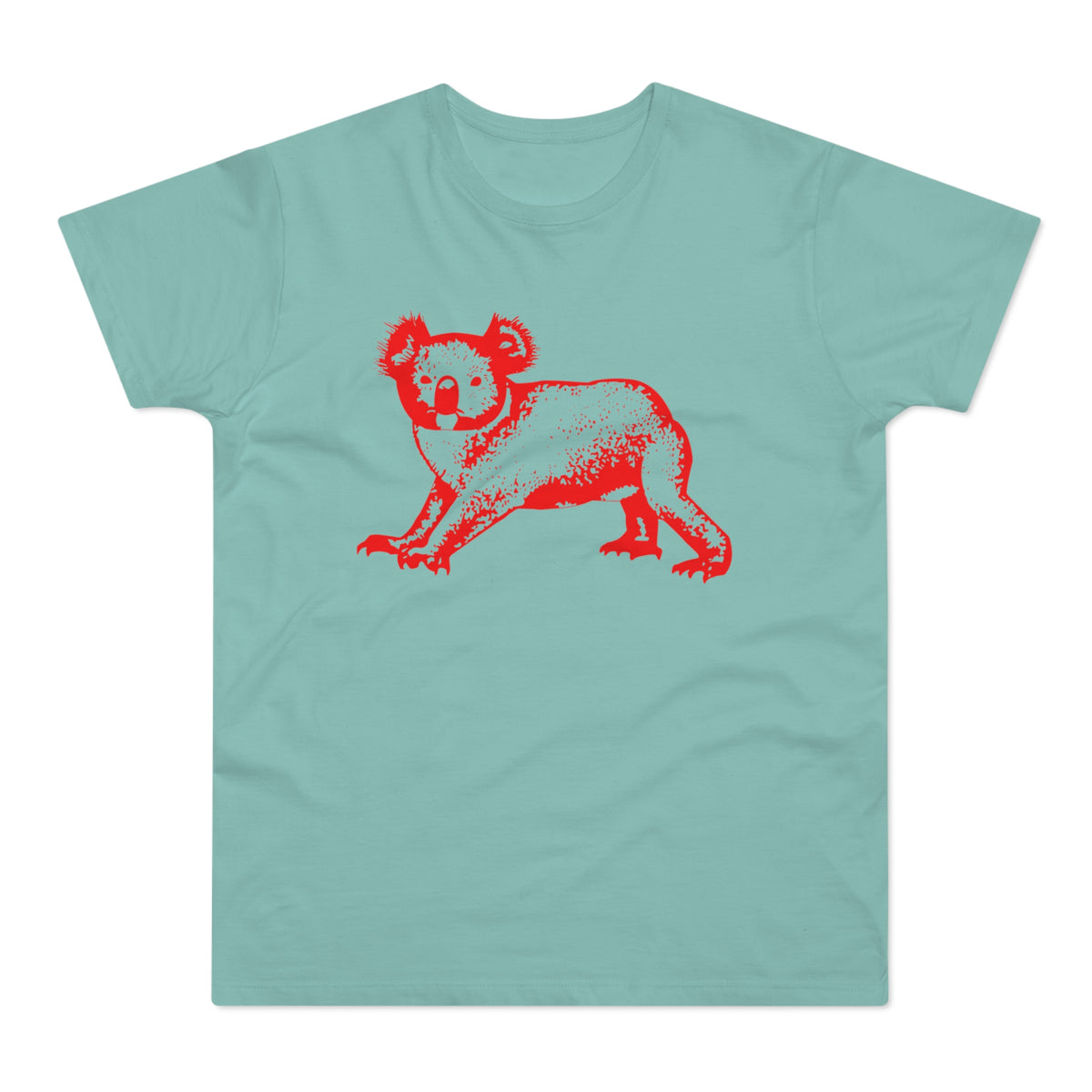 Red koala graphic on a light teal t-shirt.
