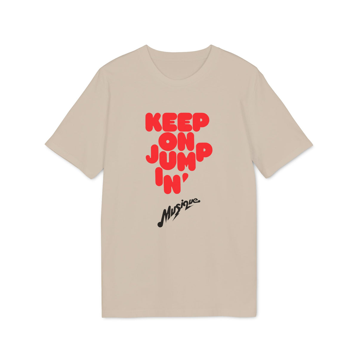 Beige t-shirt with red "KEEP ON JUMP'N" and black "Musique" text.