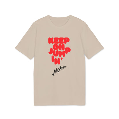 Beige t-shirt with red "KEEP ON JUMP'N" and black "Musique" text.