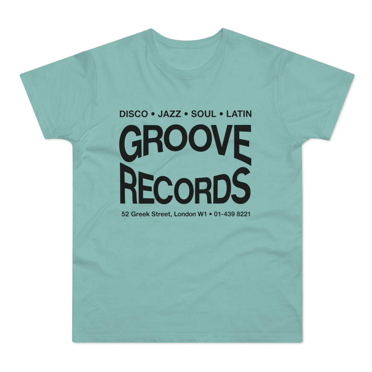 Aqua t-shirt with "Groove Records" and music genres printed in black.