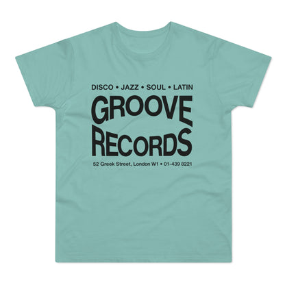 Aqua t-shirt with "Groove Records" and music genres printed in black.