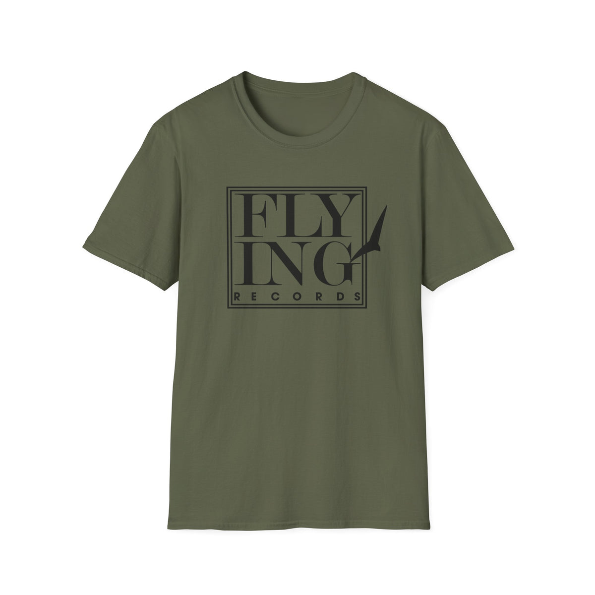 Olive green t-shirt with black "FLYING RECORDS" text and a bird silhouette.