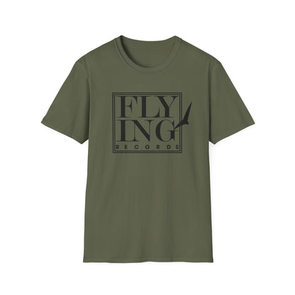 Olive green t-shirt with black "FLYING RECORDS" text and a bird silhouette.