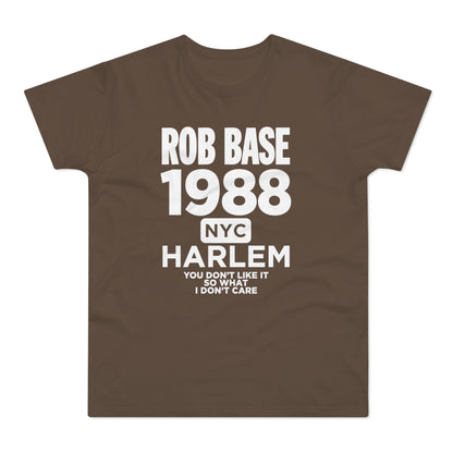 Brown t-shirt with Rob Base 1988 NYC Harlem graphic and lyrics.