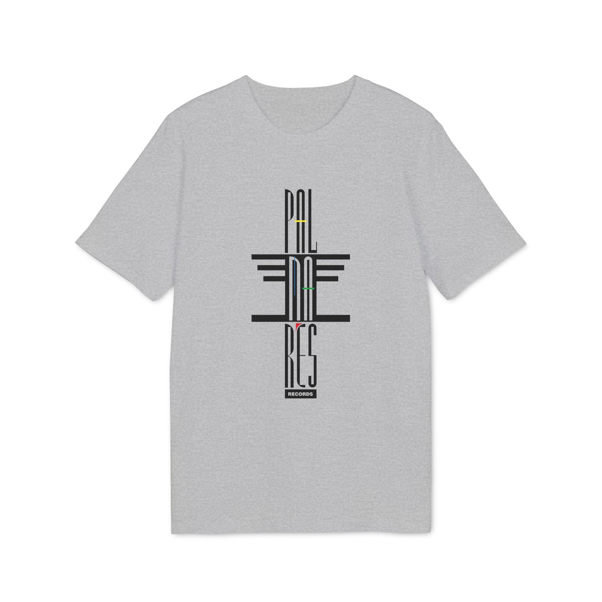 Grey t-shirt with vertical text logo: PAL, FIE, RES, RECORDS.