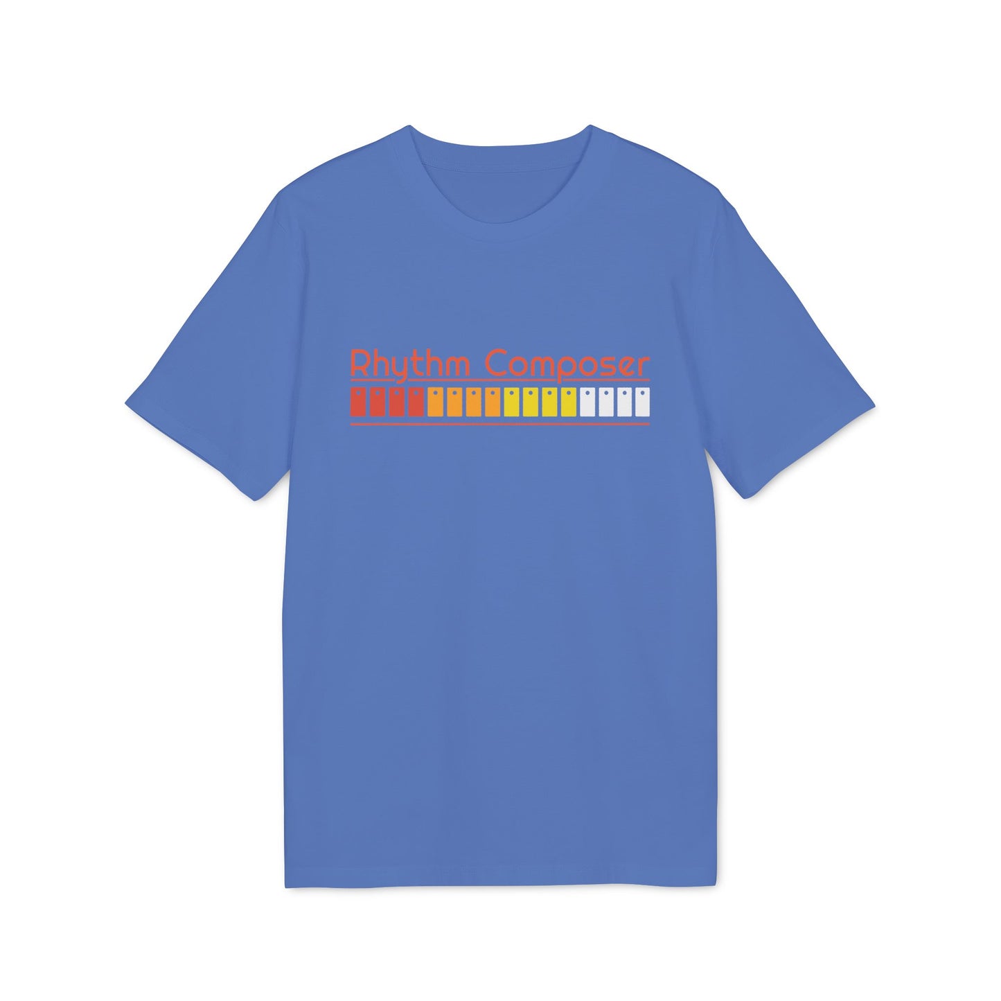 Blue t-shirt with orange text "Rhythm Composer" and a pattern of colored squares.