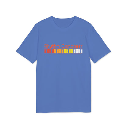 Blue t-shirt with orange text "Rhythm Composer" and a pattern of colored squares.