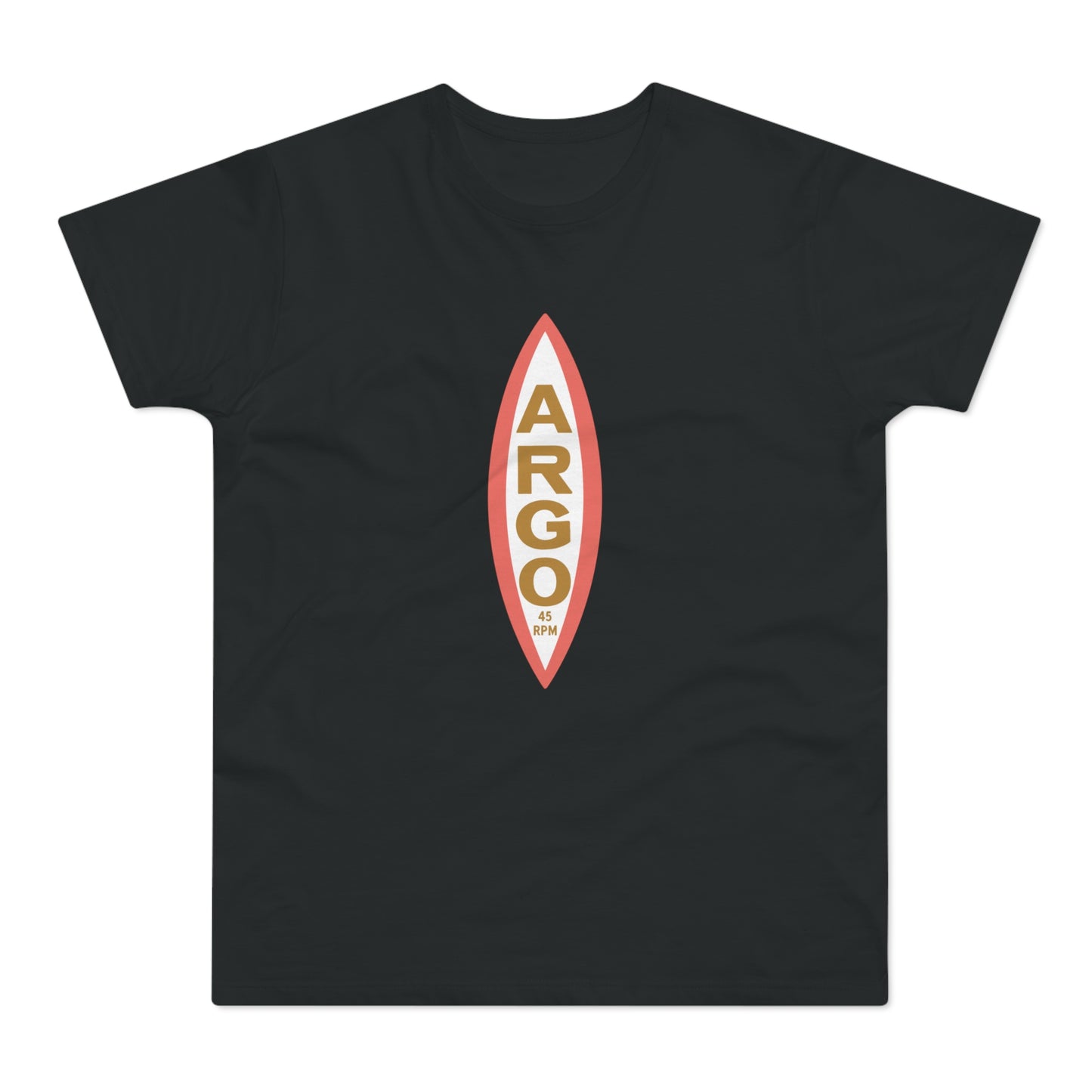 Black t-shirt with a vertical surfboard graphic featuring the word ARGO and 45 RPM.