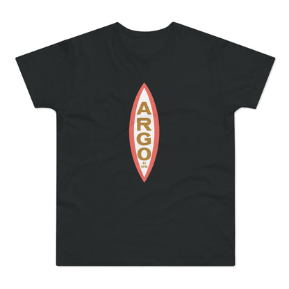 Black t-shirt with a vertical surfboard graphic featuring the word ARGO and 45 RPM.