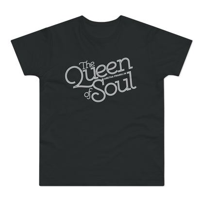 Black t-shirt with white text "The Queen of Soul Aretha Franklin"