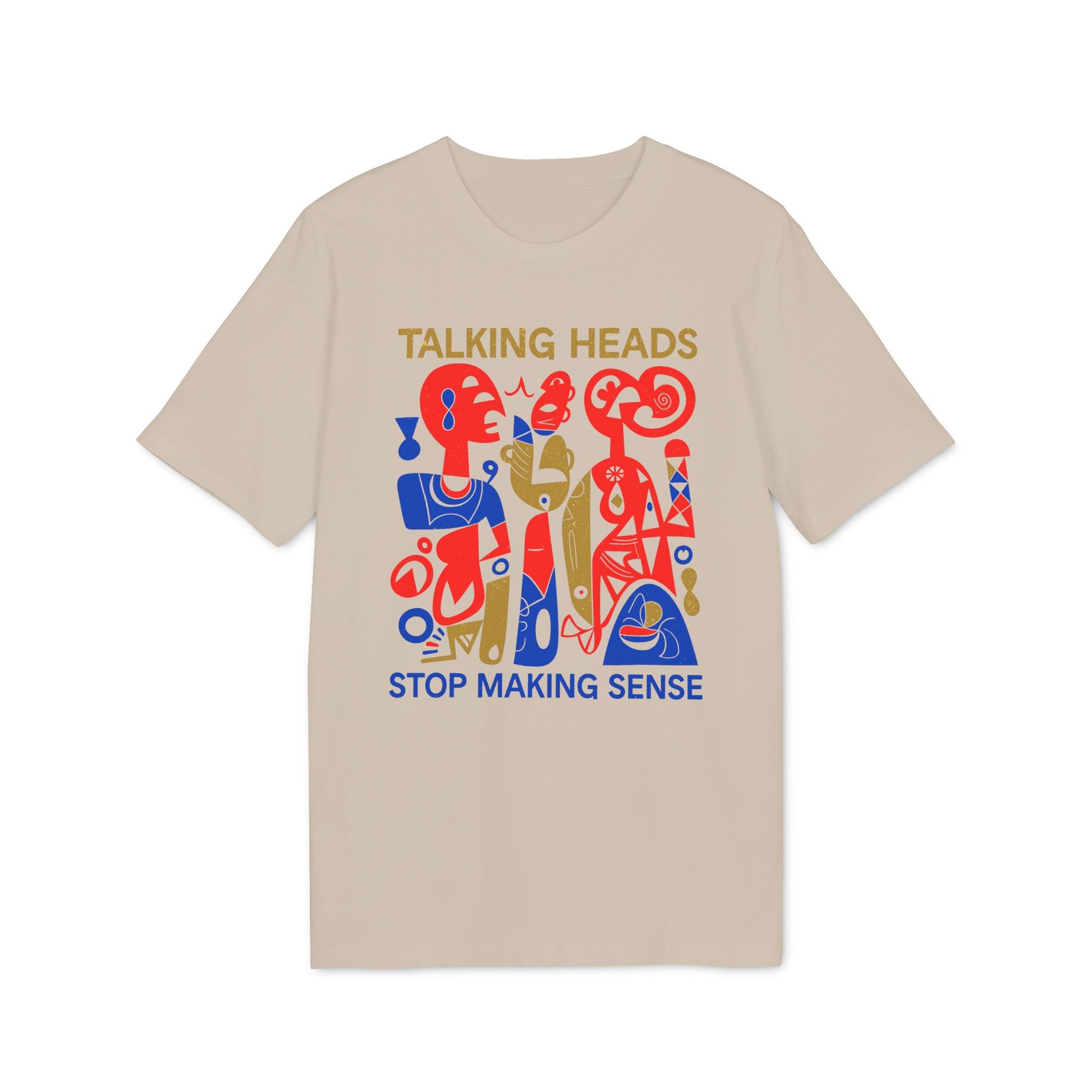 Talking Heads Stop Making Sense graphic tee on a tan shirt.