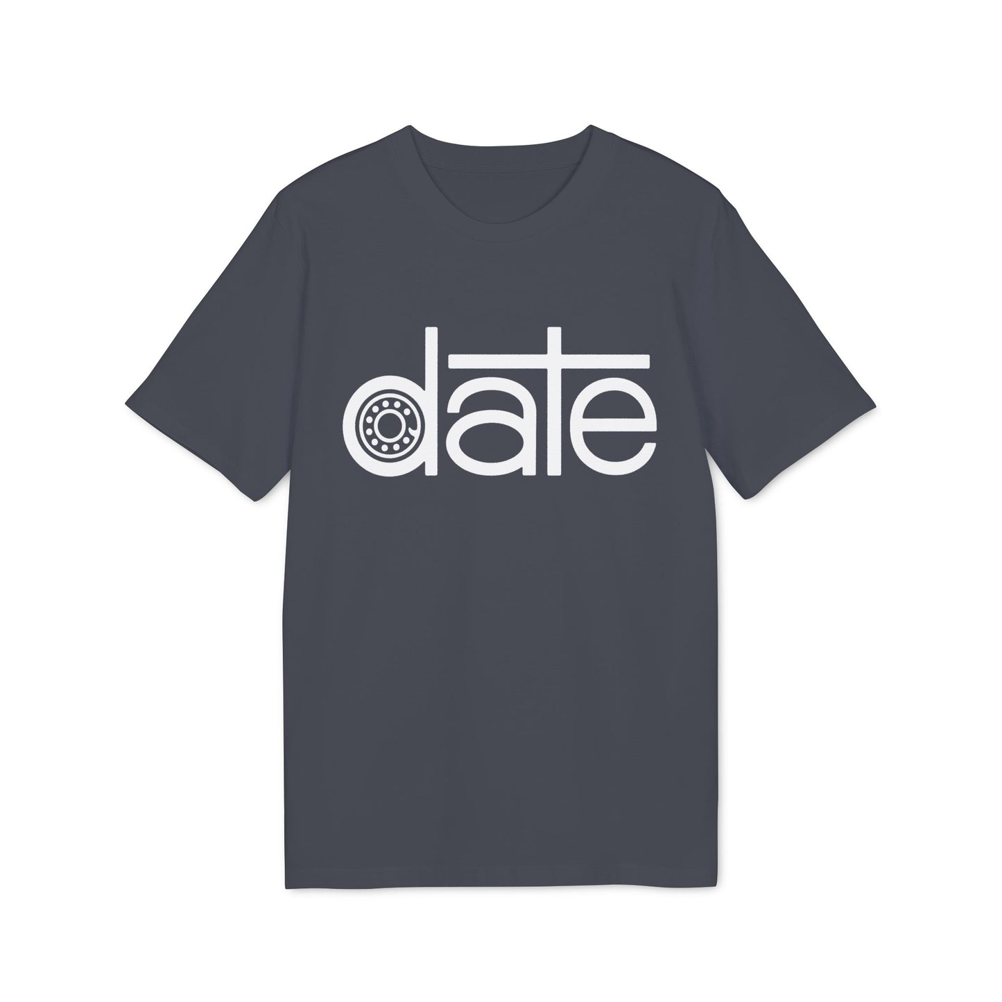 Slate grey t-shirt with white text reading "date" and a bearing graphic.
