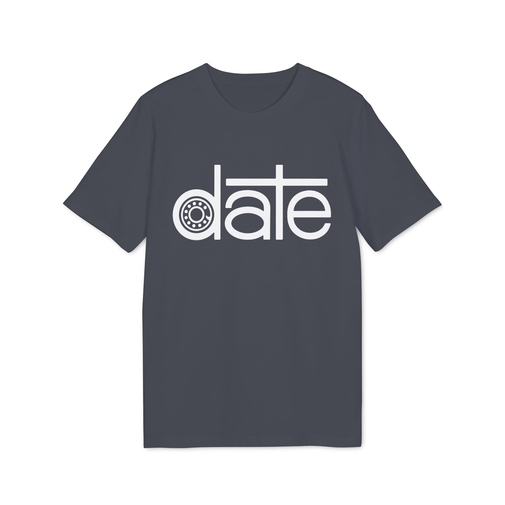 Slate grey t-shirt with white text reading "date" and a bearing graphic.