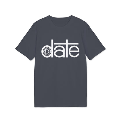 Slate grey t-shirt with white text reading "date" and a bearing graphic.
