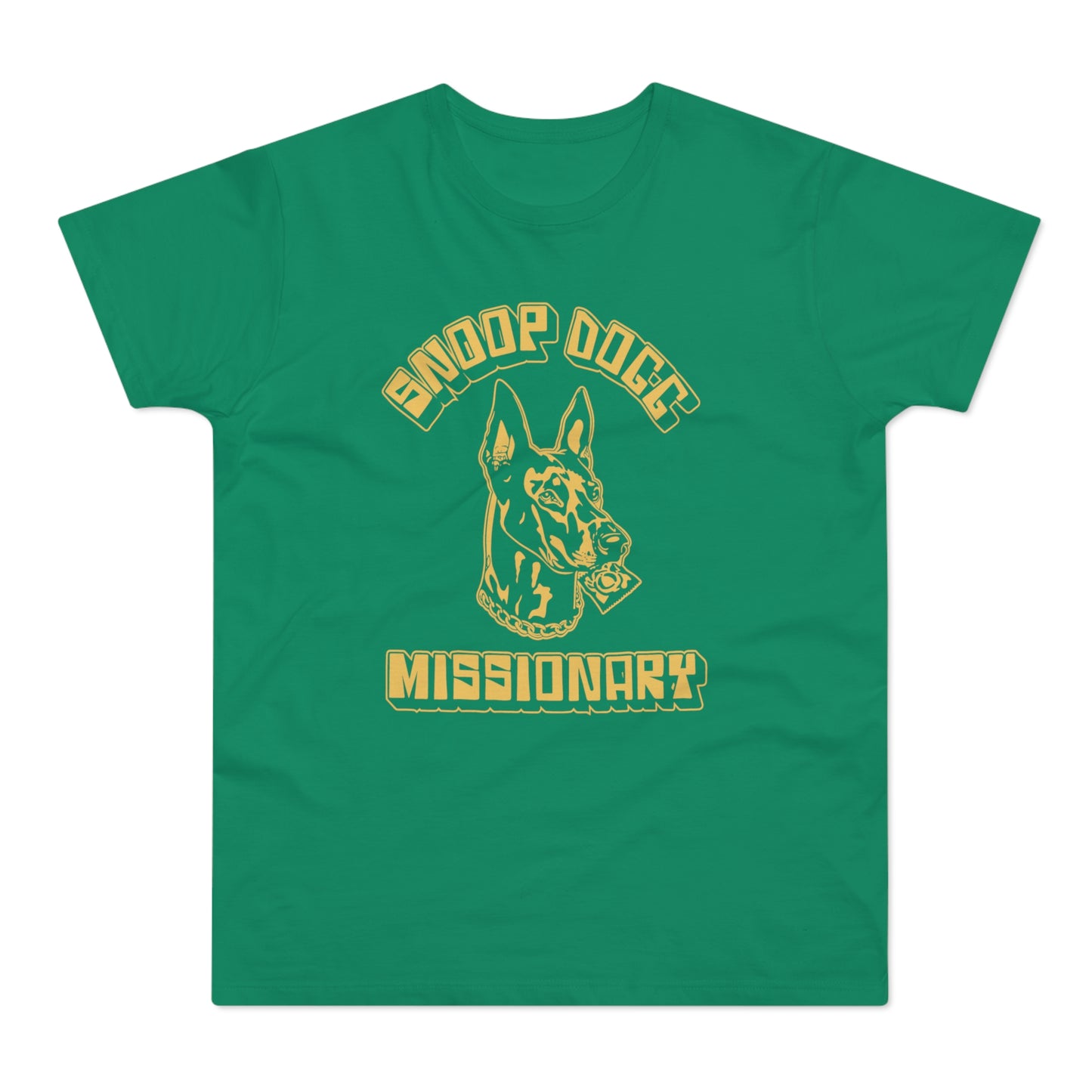 Green t-shirt with "Snoop Dogg" and "Missionary" text and dog image.