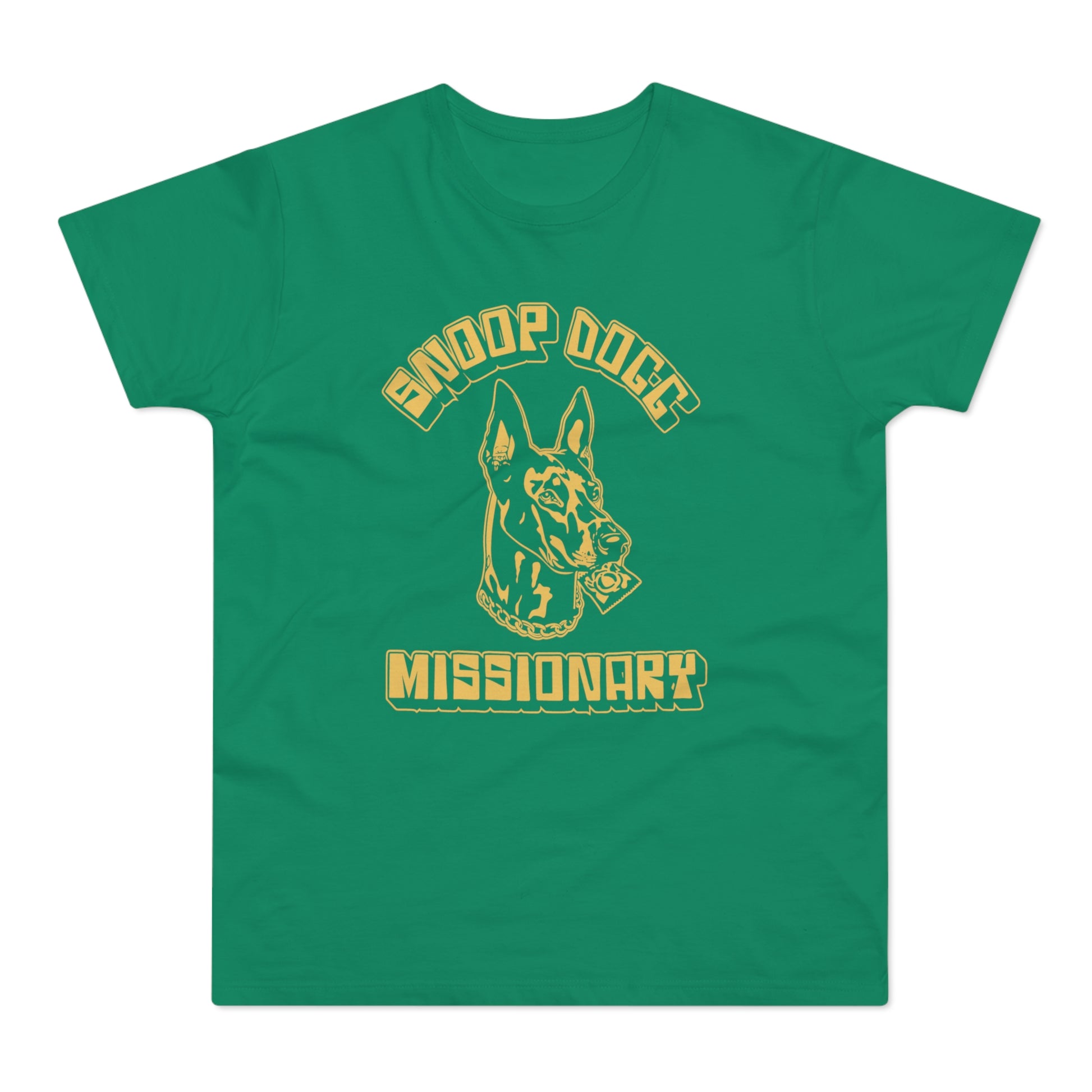 Green t-shirt with "Snoop Dogg" and "Missionary" text and dog image.